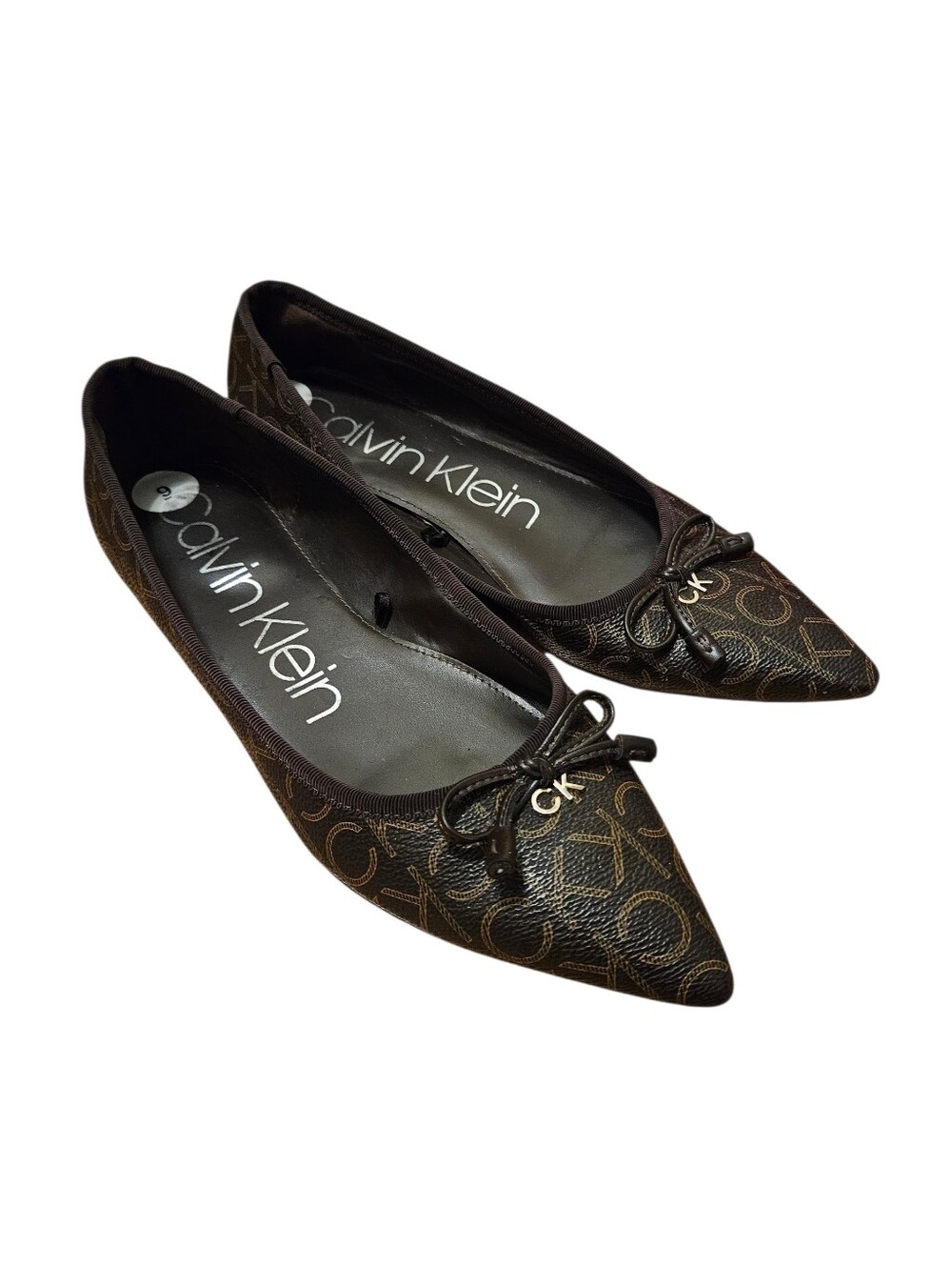 Calvin Klein CK Logo Pattern Pointed Toe Flats Balletcore Sz. 9 Brown